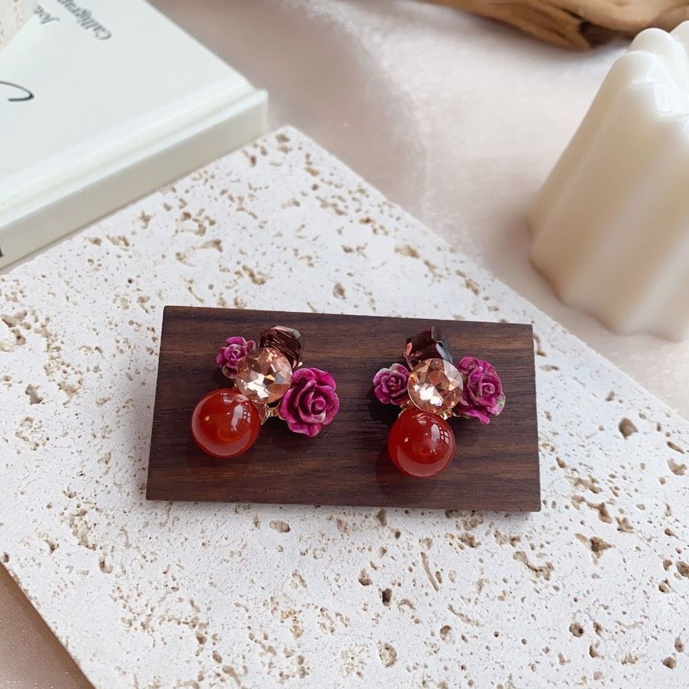 Handmade Burgundy Rose Flower Earring Studs